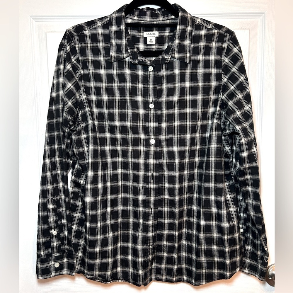 L.L. Bean Scotch Plaid Organic Flannel Shirt- Black/White/ Size Medium